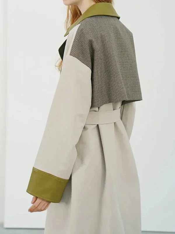 Wenkouban-Winter outfits Christmas PU Lapel Patchwork Plaid Double Breasted Trench Coat with Belt