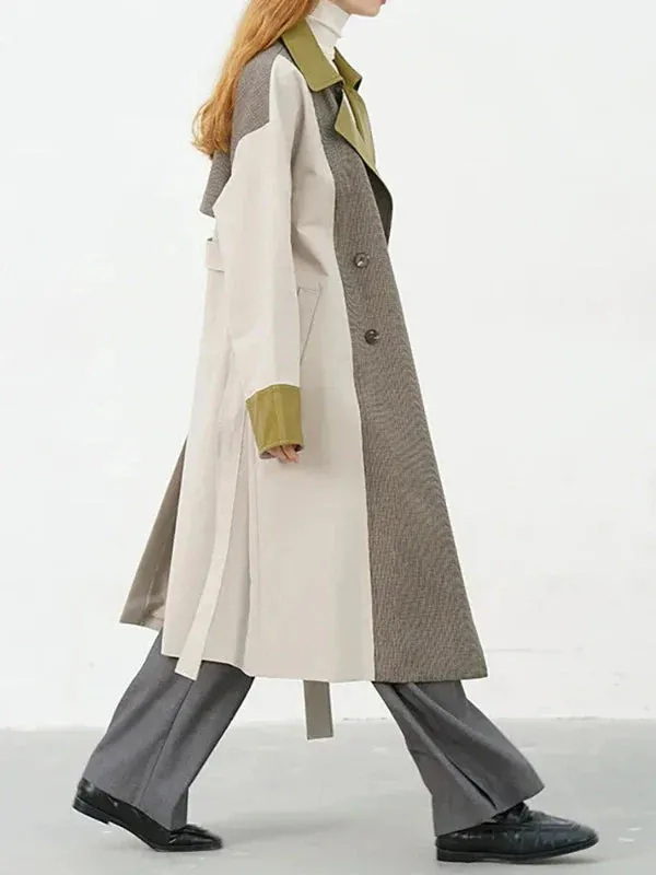 Wenkouban-Winter outfits Christmas PU Lapel Patchwork Plaid Double Breasted Trench Coat with Belt