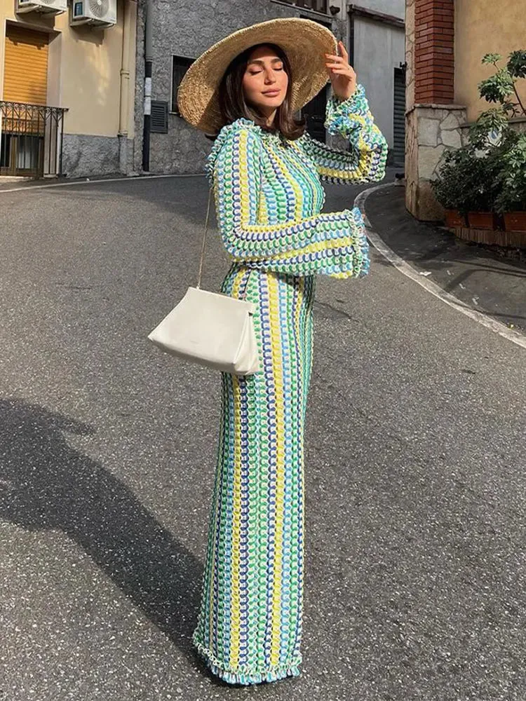 Women Contrast Backless Flare Long Sleeve Dress Elegant O Neck Casual Loose Vestidos 2023 Fashion Sexy Vacation Evening Robes