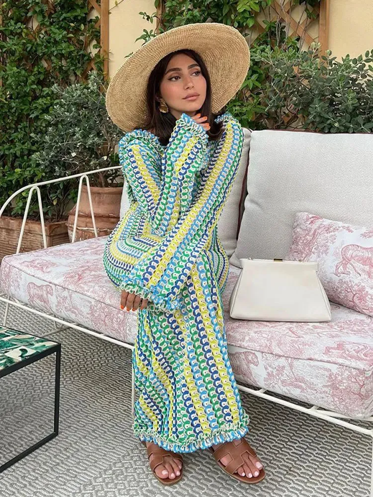 Women Contrast Backless Flare Long Sleeve Dress Elegant O Neck Casual Loose Vestidos 2023 Fashion Sexy Vacation Evening Robes
