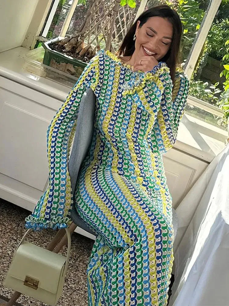 Women Contrast Backless Flare Long Sleeve Dress Elegant O Neck Casual Loose Vestidos 2023 Fashion Sexy Vacation Evening Robes