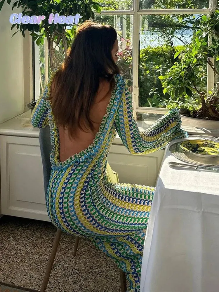 Women Contrast Backless Flare Long Sleeve Dress Elegant O Neck Casual Loose Vestidos 2023 Fashion Sexy Vacation Evening Robes