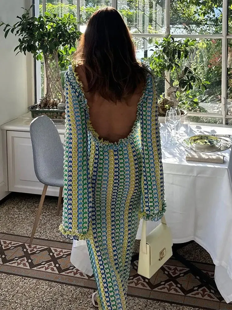 Women Contrast Backless Flare Long Sleeve Dress Elegant O Neck Casual Loose Vestidos 2023 Fashion Sexy Vacation Evening Robes