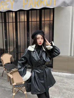 Women’s Black Genuine Lambskin Sherpa Shearling Faux Fur Collar Warm Casual Oversized Streetwear Leather Trench Coat