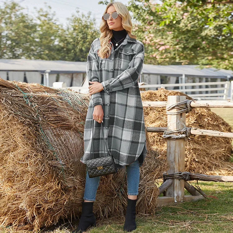 Women's Casual Lapel Button Down Long Plaid Shirt Coat Tartan Shacket Jacket