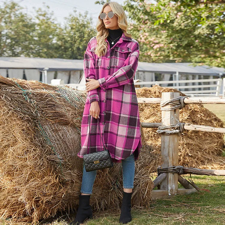 Women's Casual Lapel Button Down Long Plaid Shirt Coat Tartan Shacket Jacket