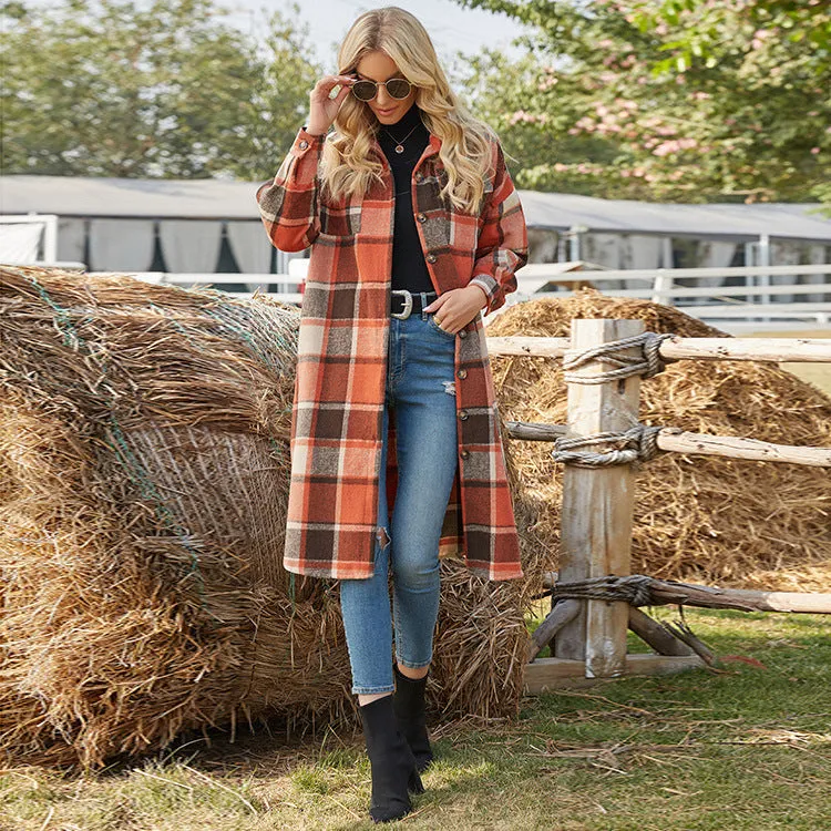 Women's Casual Lapel Button Down Long Plaid Shirt Coat Tartan Shacket Jacket