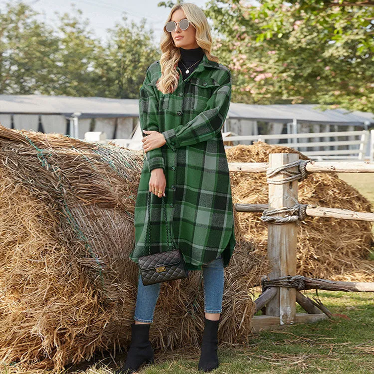 Women's Casual Lapel Button Down Long Plaid Shirt Coat Tartan Shacket Jacket