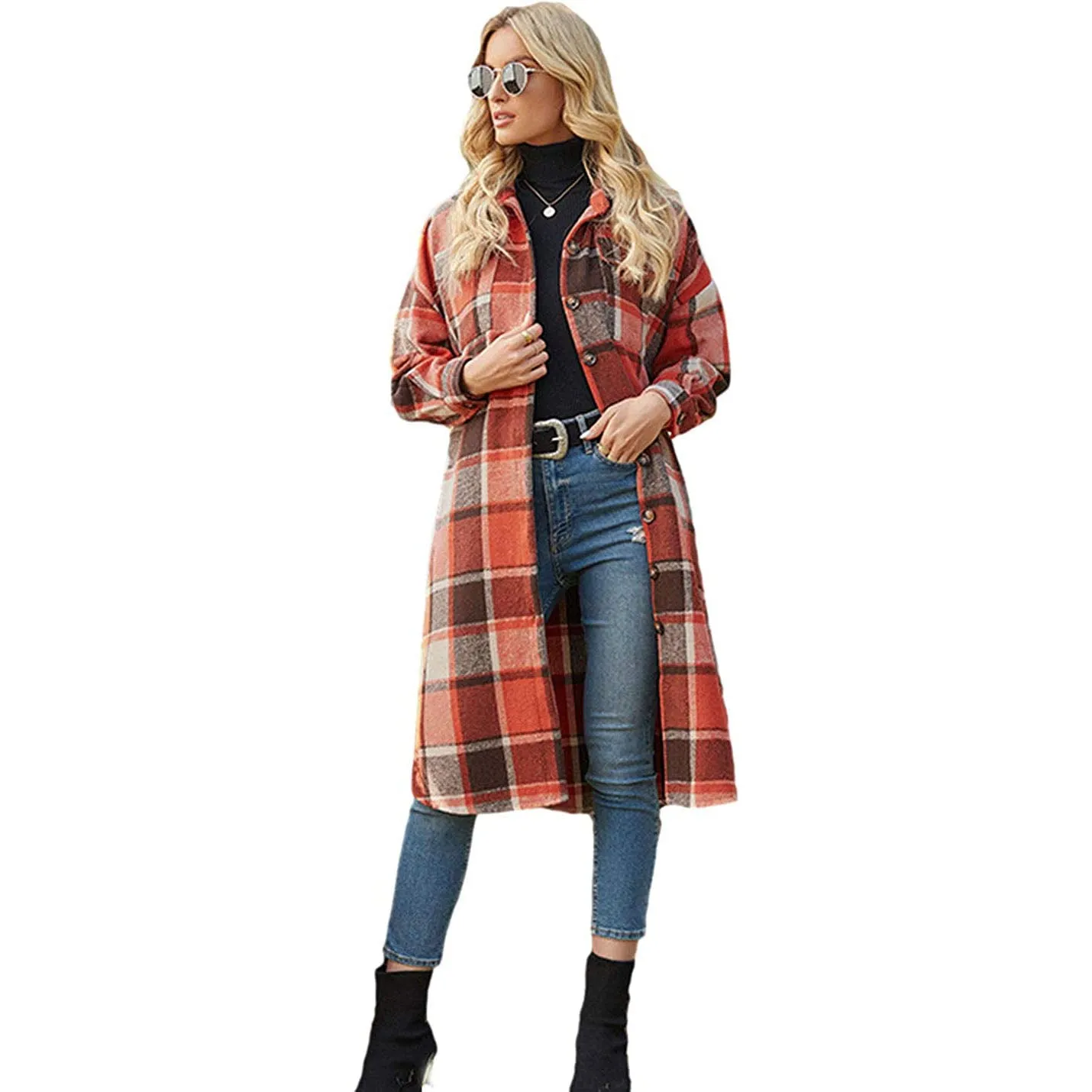 Women's Casual Lapel Button Down Long Plaid Shirt Coat Tartan Shacket Jacket