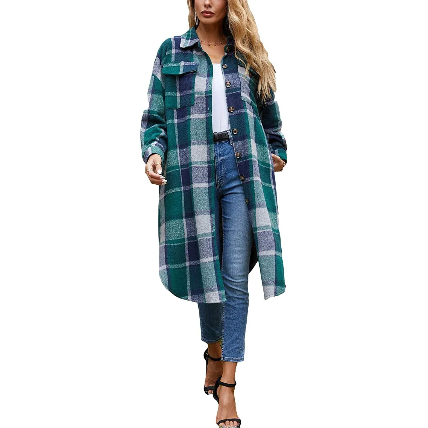 Women's Casual Lapel Button Down Long Plaid Shirt Coat Tartan Shacket Jacket