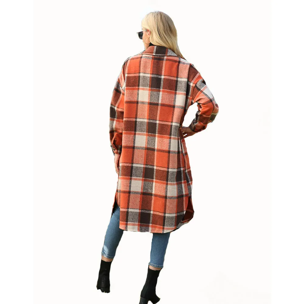 Women's Casual Lapel Button Down Long Plaid Shirt Coat Tartan Shacket Jacket