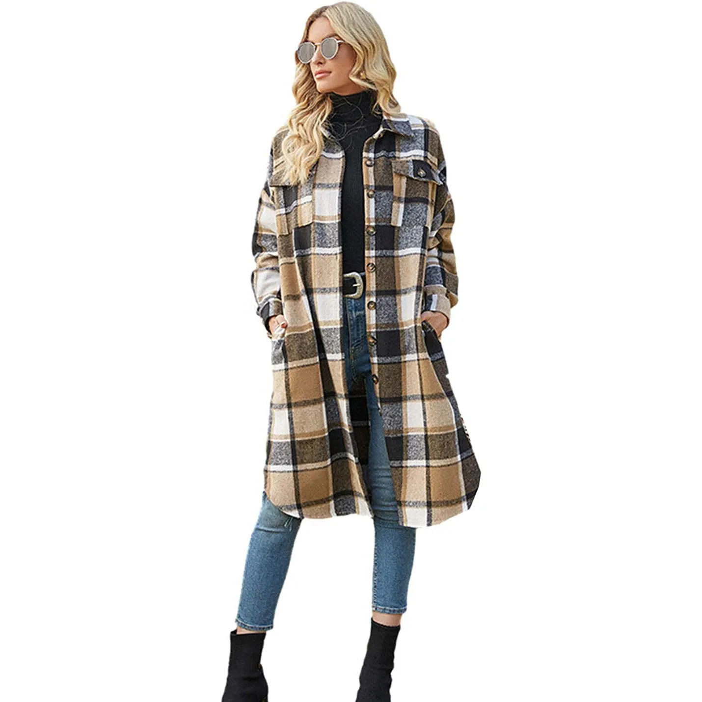 Women's Casual Lapel Button Down Long Plaid Shirt Coat Tartan Shacket Jacket