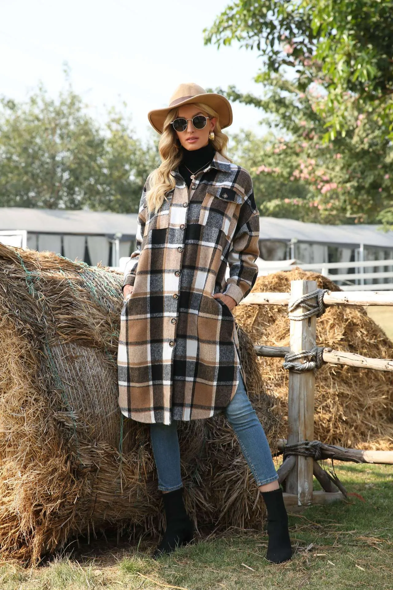 Women's Casual Lapel Button Down Long Plaid Shirt Coat Tartan Shacket Jacket