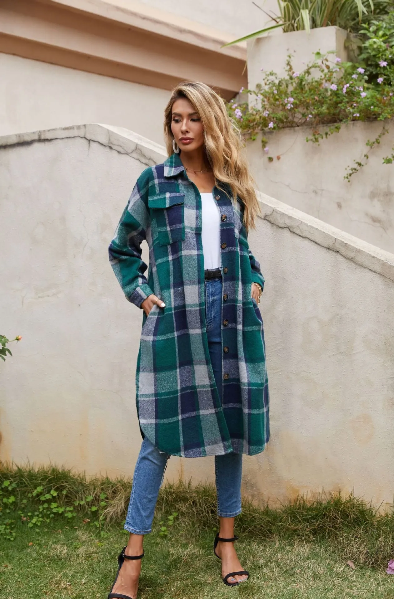 Women's Casual Lapel Button Down Long Plaid Shirt Coat Tartan Shacket Jacket