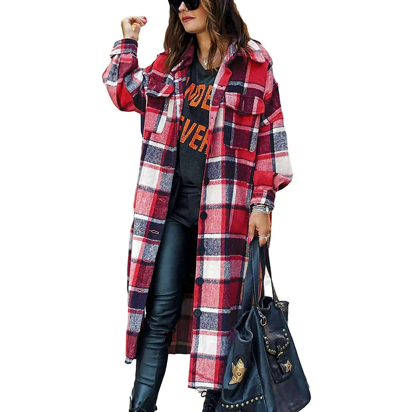 Women's Casual Lapel Button Down Long Plaid Shirt Coat Tartan Shacket Jacket