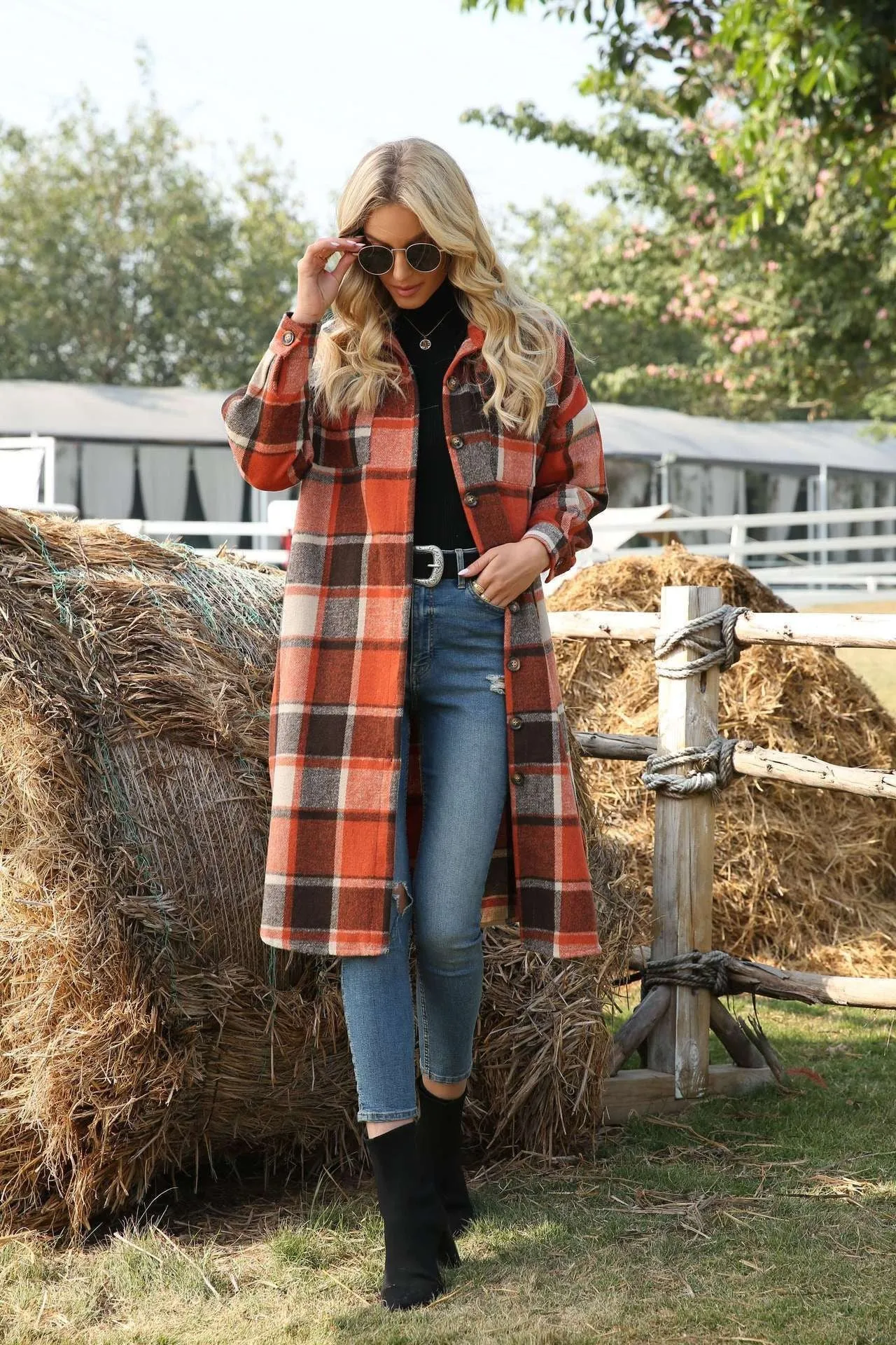Women's Casual Lapel Button Down Long Plaid Shirt Coat Tartan Shacket Jacket
