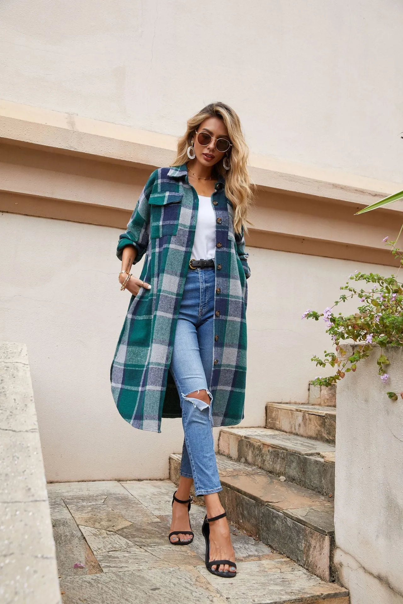 Women's Casual Lapel Button Down Long Plaid Shirt Coat Tartan Shacket Jacket