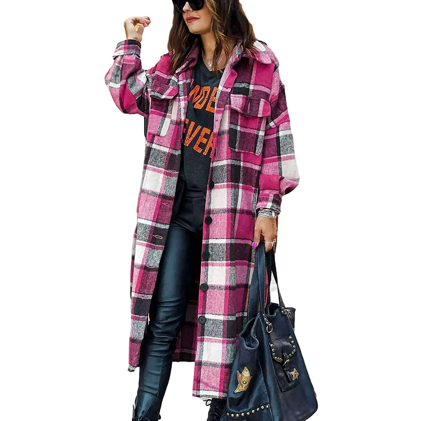 Women's Casual Lapel Button Down Long Plaid Shirt Coat Tartan Shacket Jacket