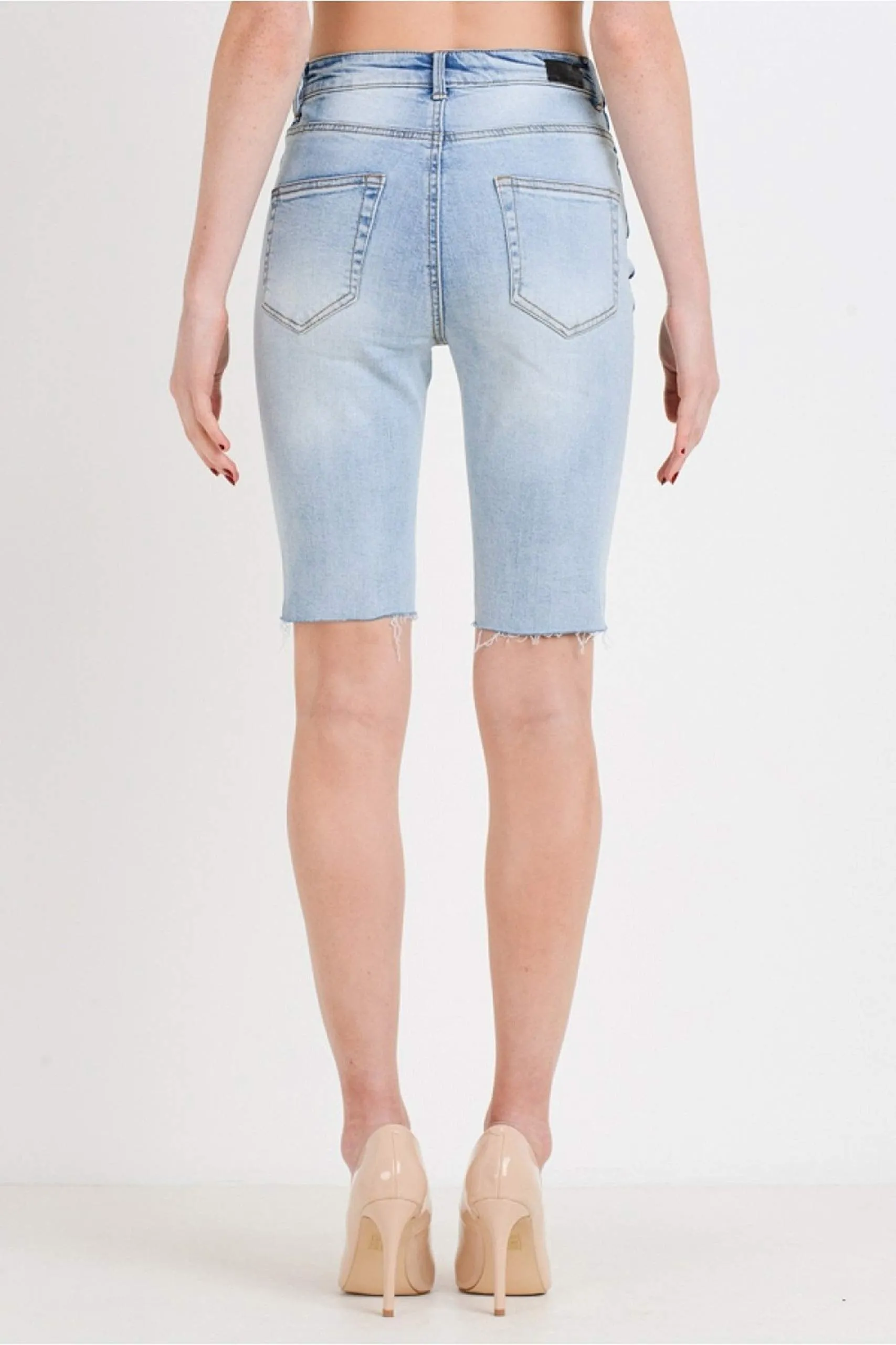 Women's Distress With Contrast Side Stripe Bermuda Denim Shorts