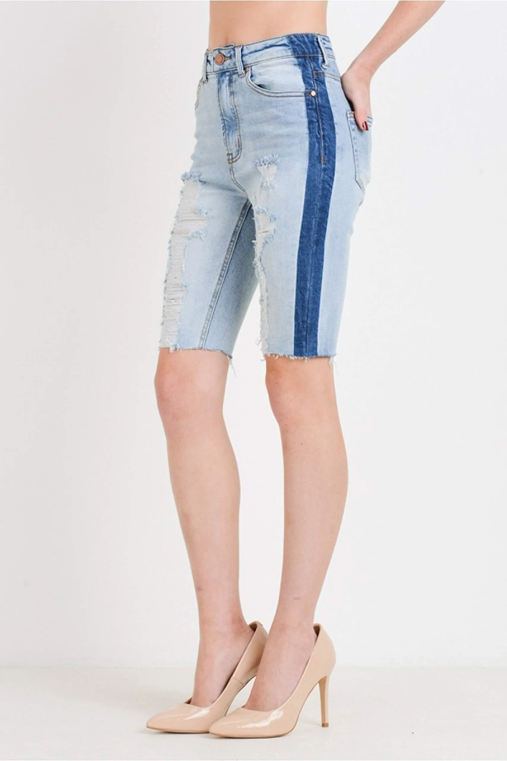 Women's Distress With Contrast Side Stripe Bermuda Denim Shorts