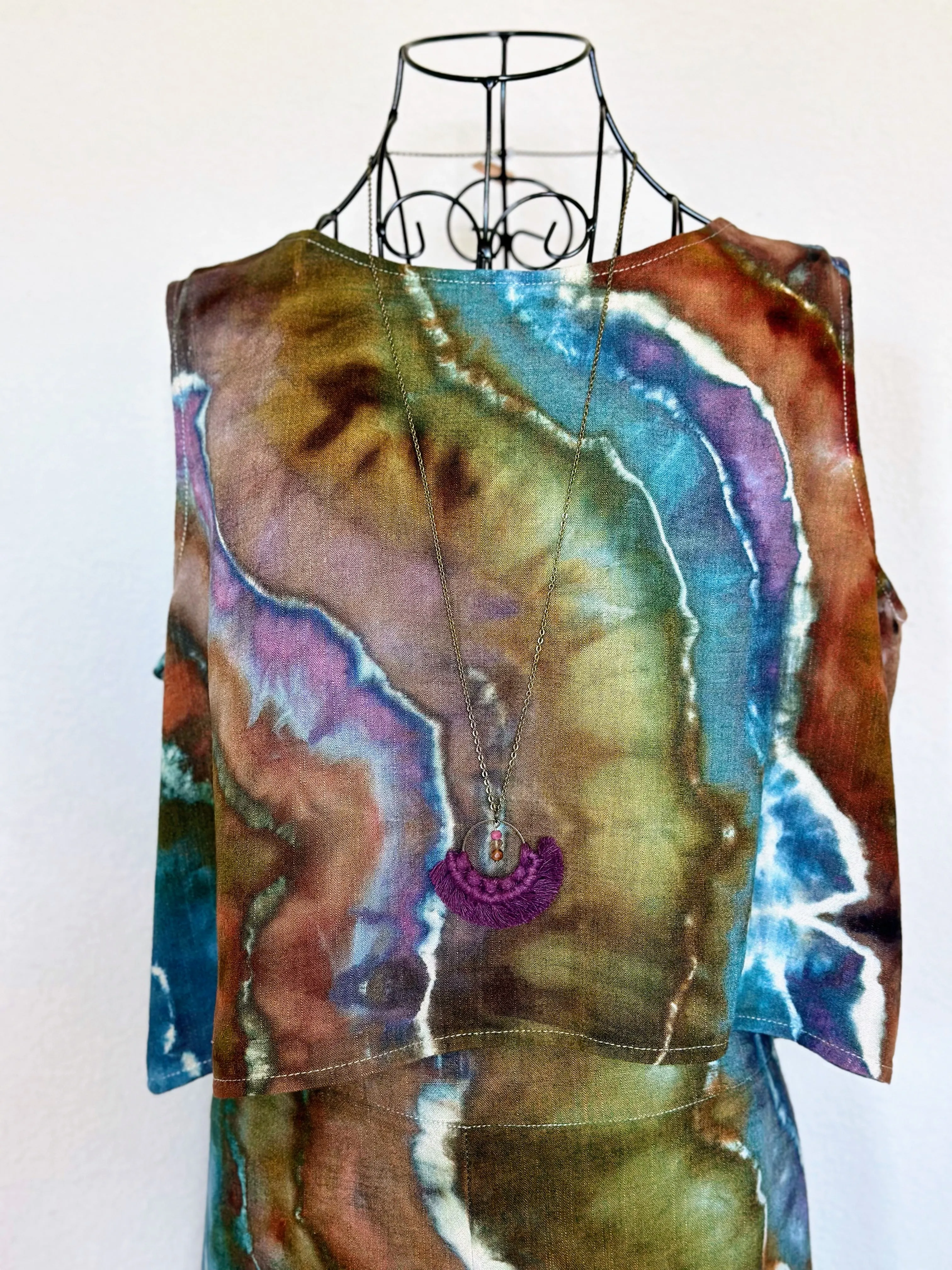 Women’s Large Geode Cotton/Linen 2 Piece Cropped Tank Top and Wide Leg Pants Outfit in ‘Mountain Lagoon’