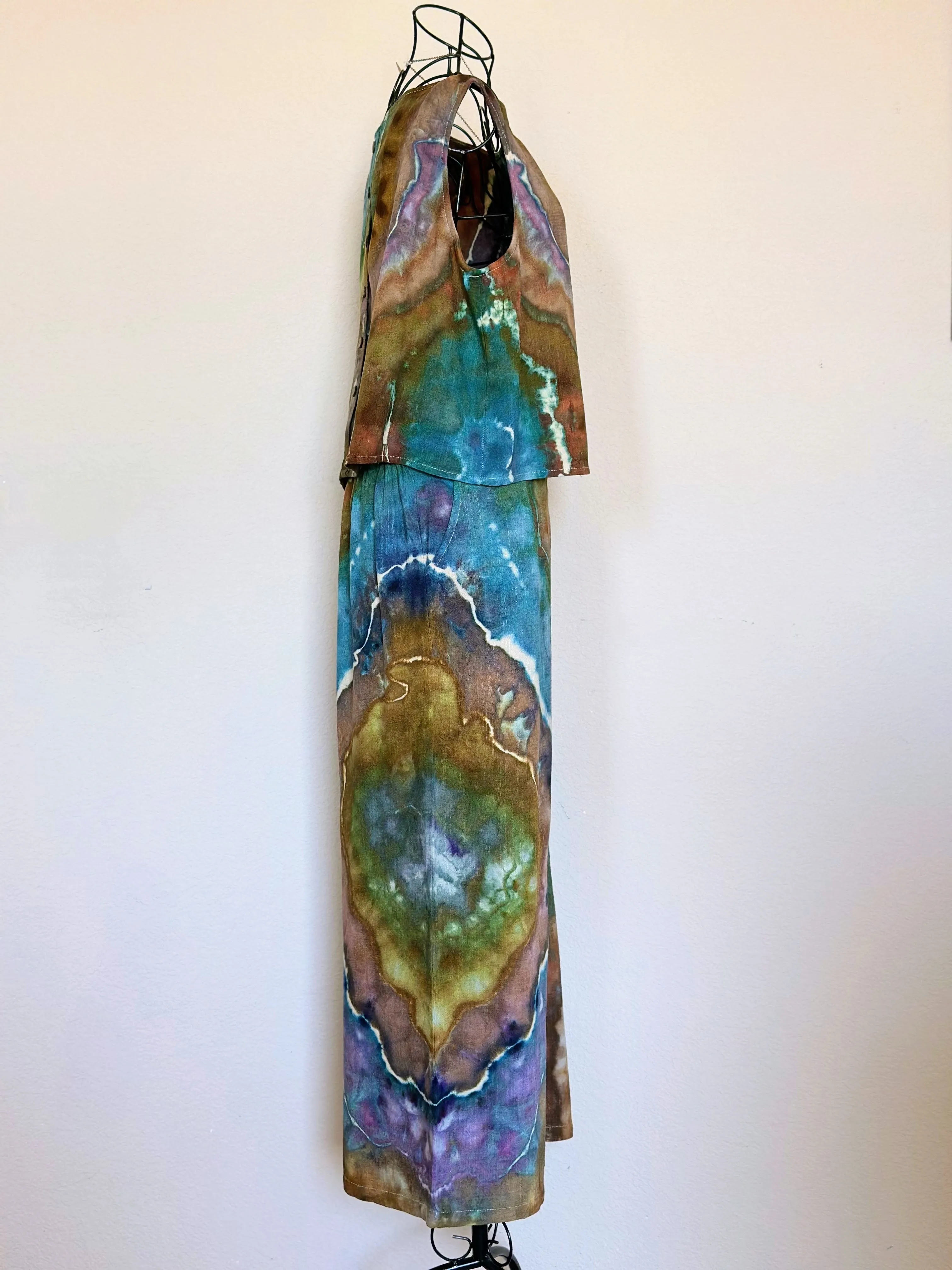 Women’s Large Geode Cotton/Linen 2 Piece Cropped Tank Top and Wide Leg Pants Outfit in ‘Mountain Lagoon’