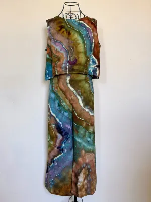 Women’s Large Geode Cotton/Linen 2 Piece Cropped Tank Top and Wide Leg Pants Outfit in ‘Mountain Lagoon’