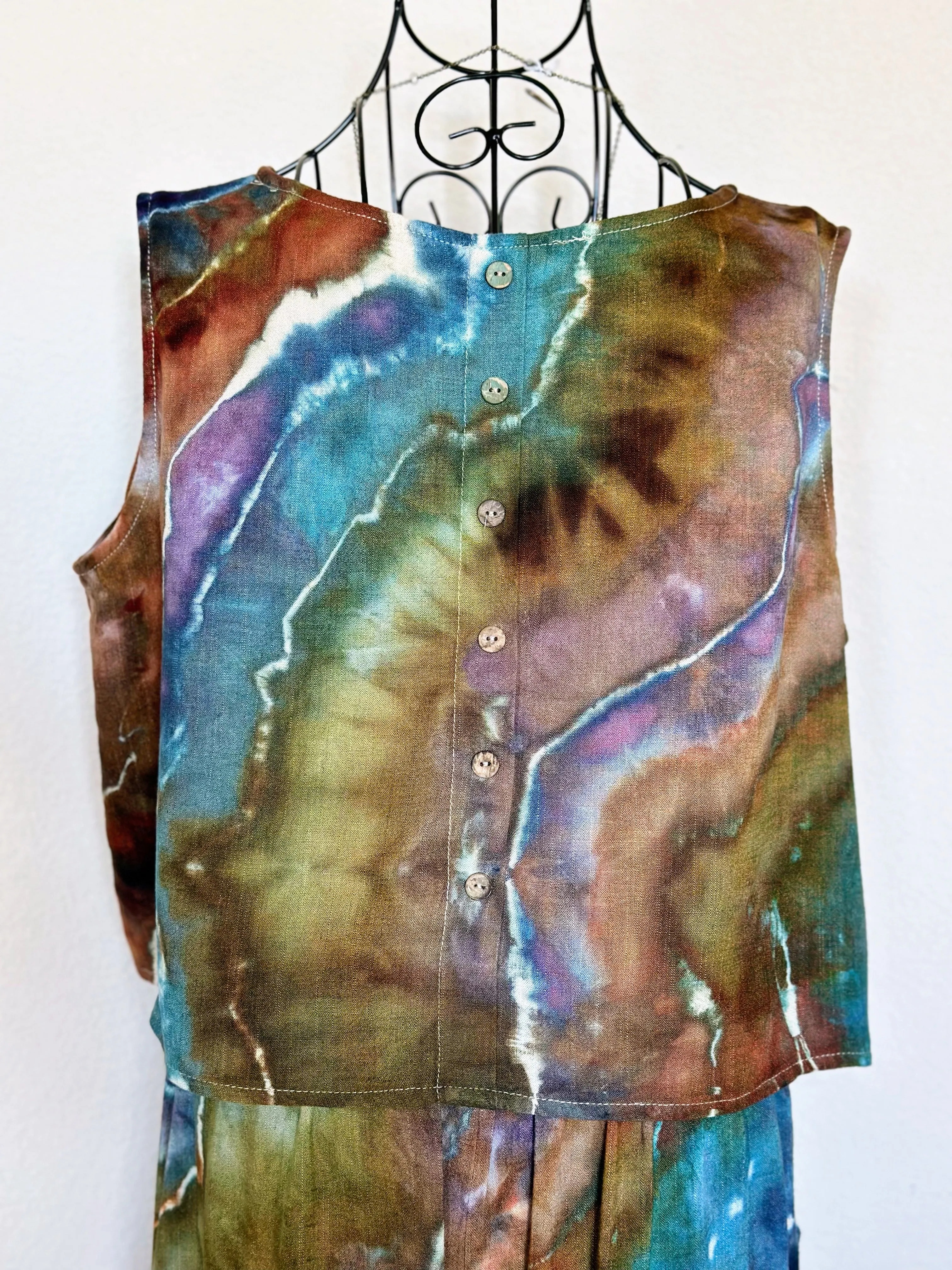 Women’s Large Geode Cotton/Linen 2 Piece Cropped Tank Top and Wide Leg Pants Outfit in ‘Mountain Lagoon’
