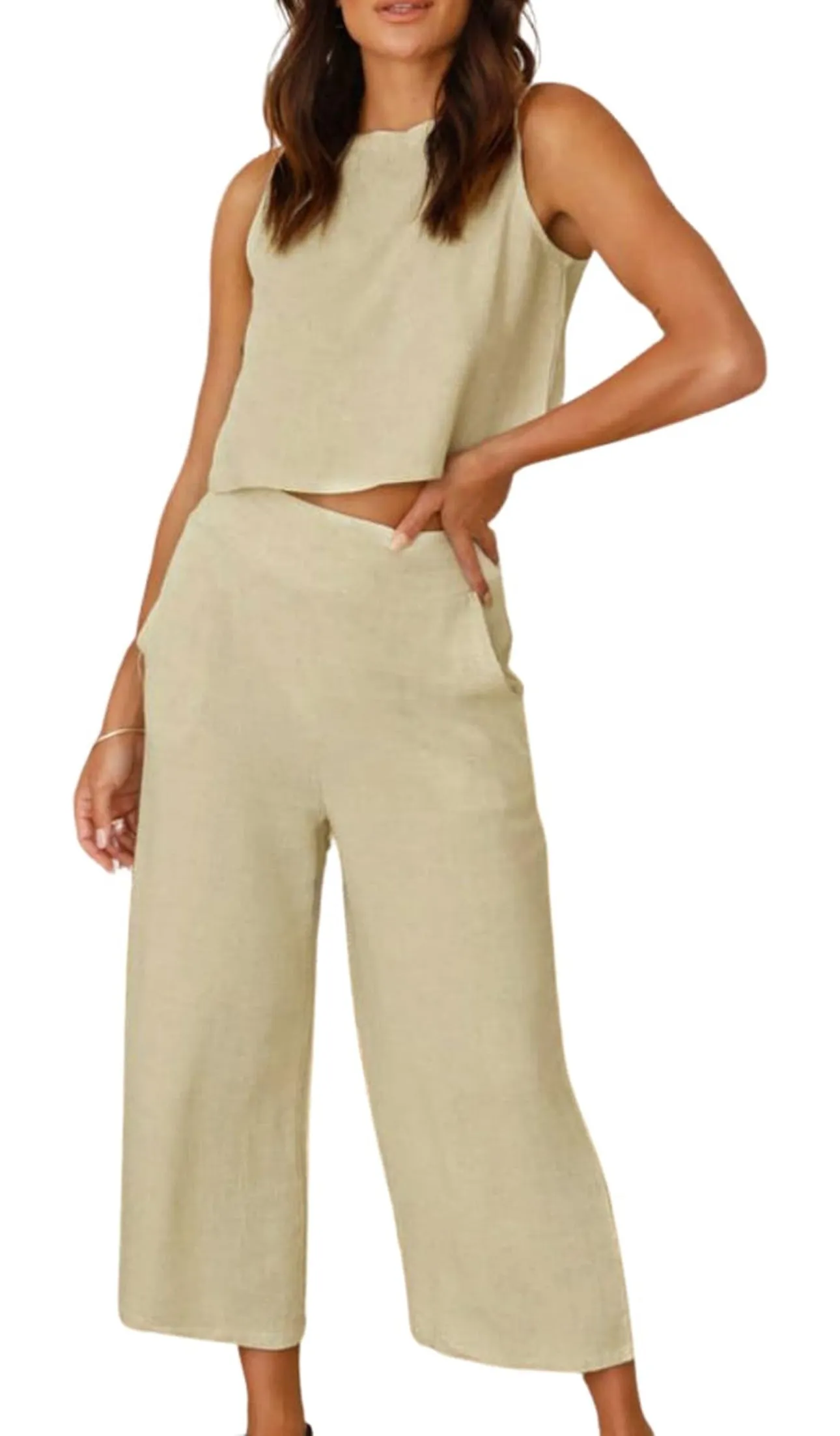 Women’s Large Geode Cotton/Linen 2 Piece Cropped Tank Top and Wide Leg Pants Outfit in ‘Mountain Lagoon’