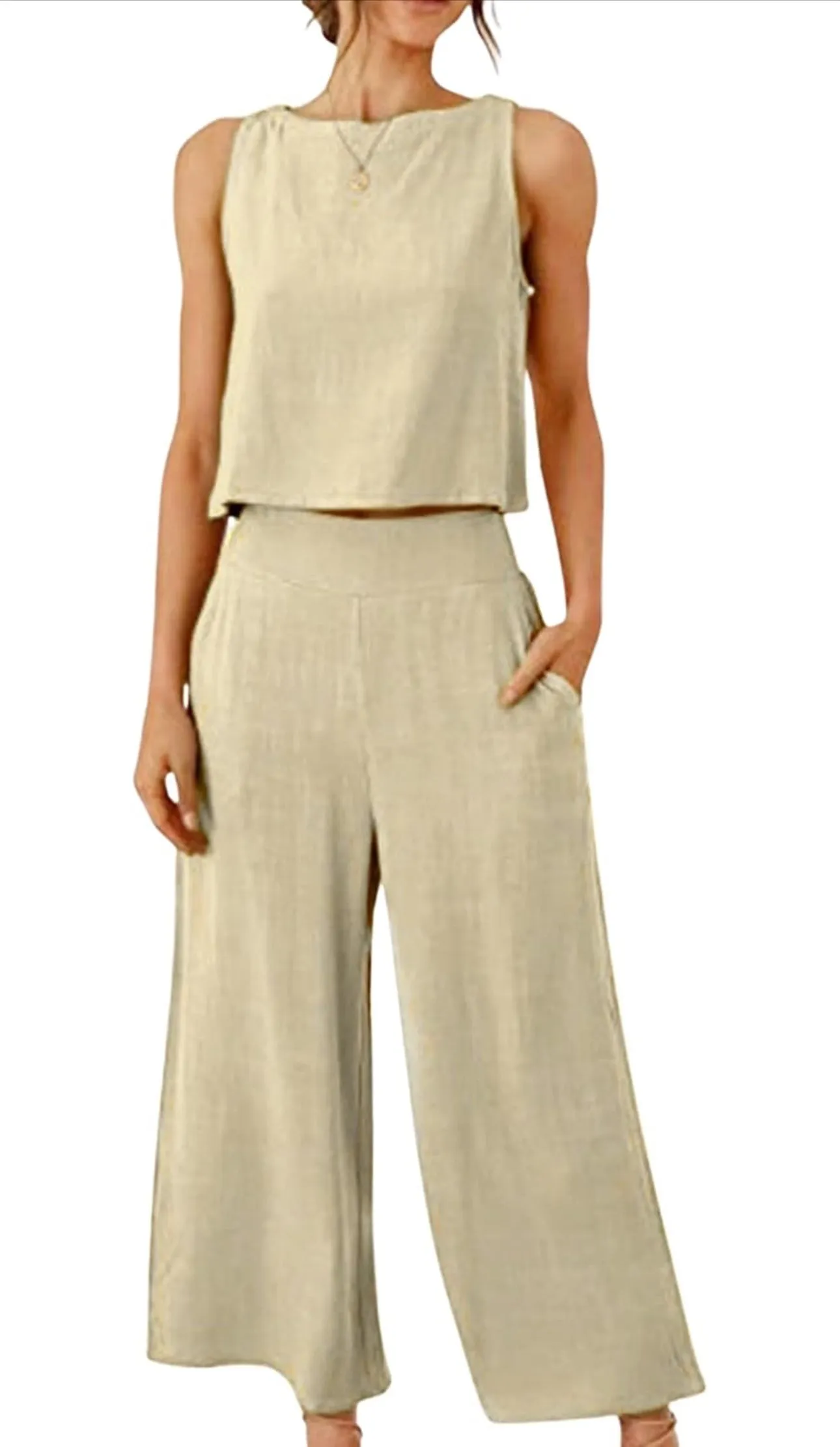 Women’s Large Geode Cotton/Linen 2 Piece Cropped Tank Top and Wide Leg Pants Outfit in ‘Mountain Lagoon’