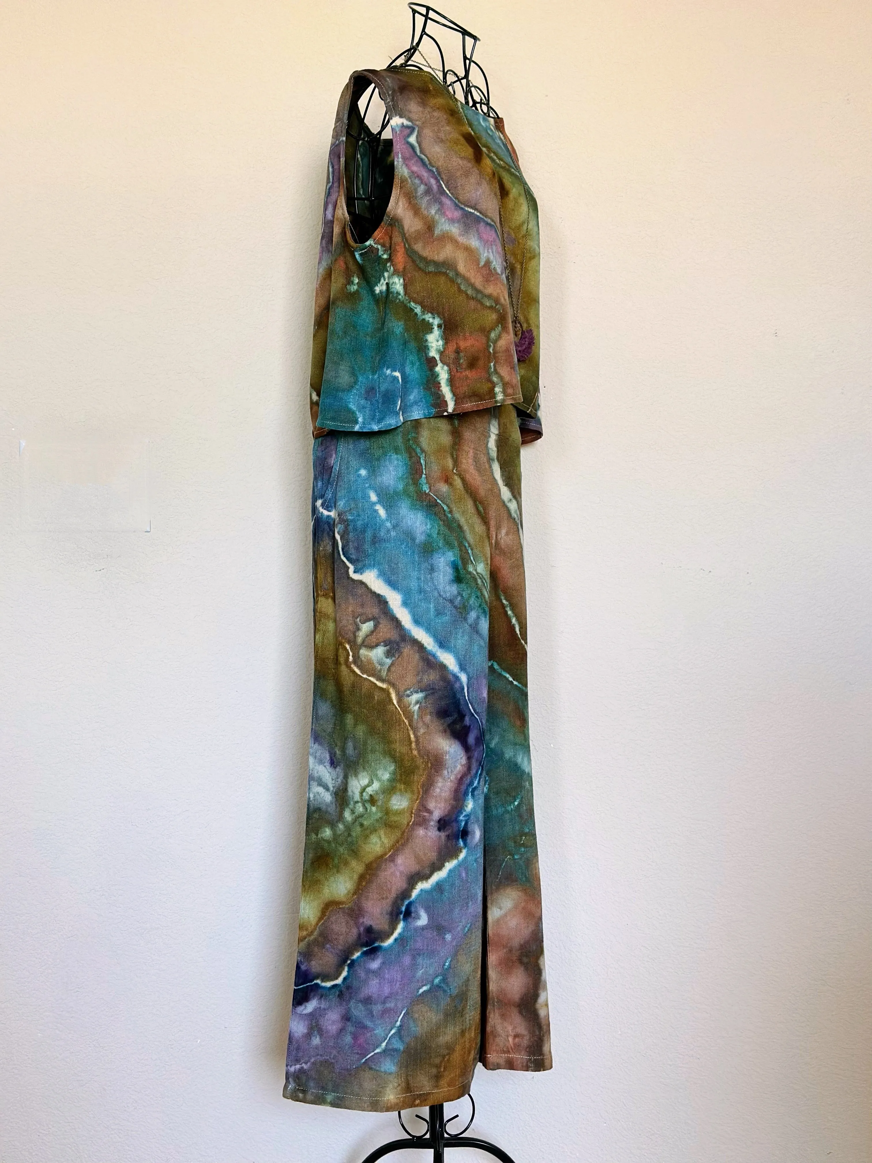 Women’s Large Geode Cotton/Linen 2 Piece Cropped Tank Top and Wide Leg Pants Outfit in ‘Mountain Lagoon’