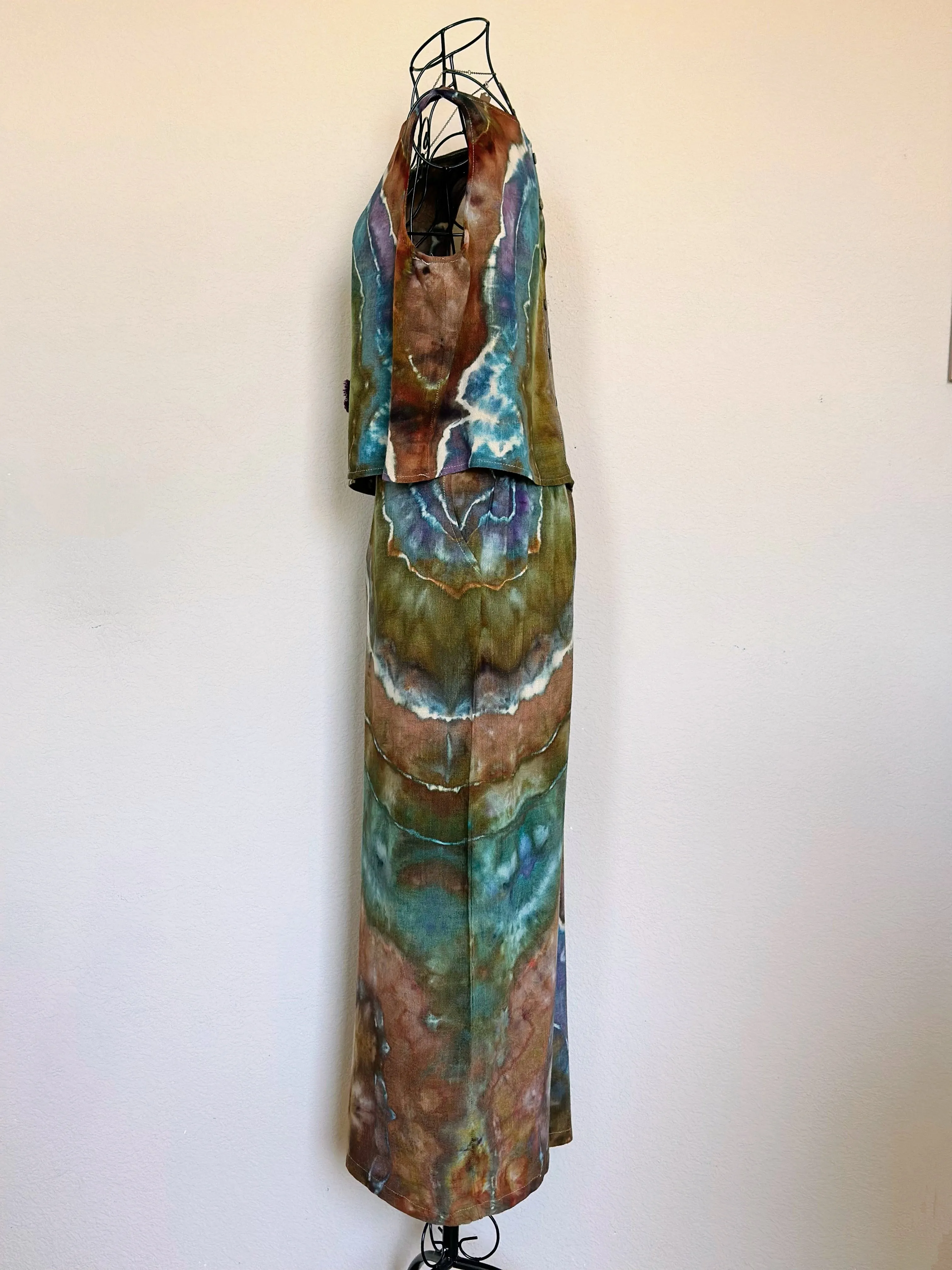 Women’s Large Geode Cotton/Linen 2 Piece Cropped Tank Top and Wide Leg Pants Outfit in ‘Mountain Lagoon’