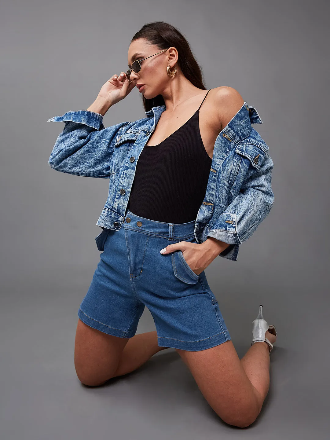 Women's Relaxed-Fit Mid-Rise Stretchable Blue Denim Bermuda Shorts
