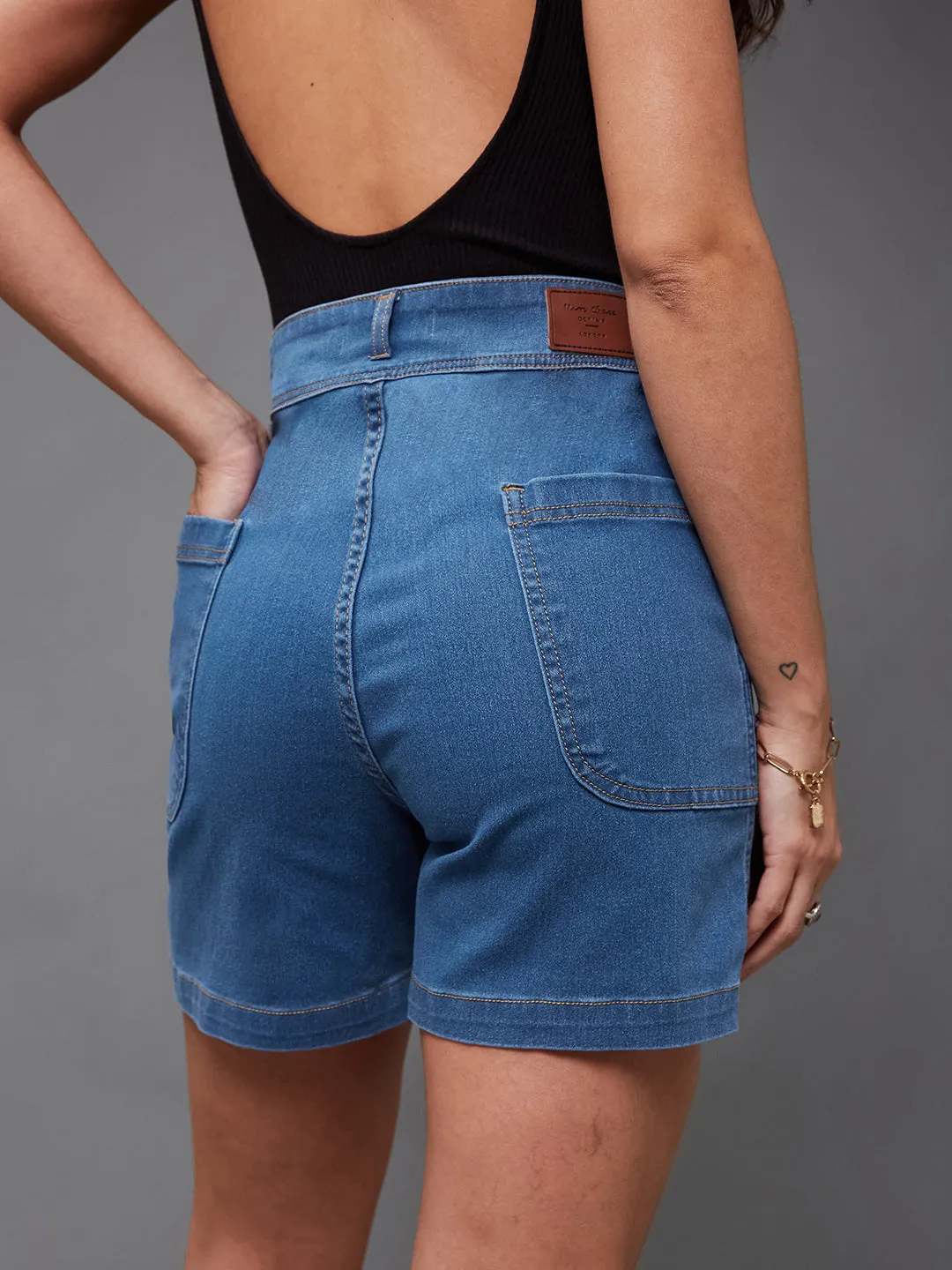 Women's Relaxed-Fit Mid-Rise Stretchable Blue Denim Bermuda Shorts