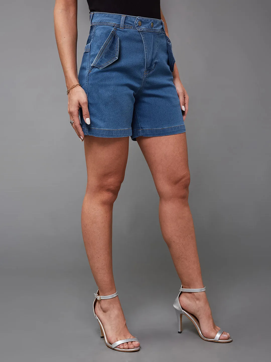 Women's Relaxed-Fit Mid-Rise Stretchable Blue Denim Bermuda Shorts