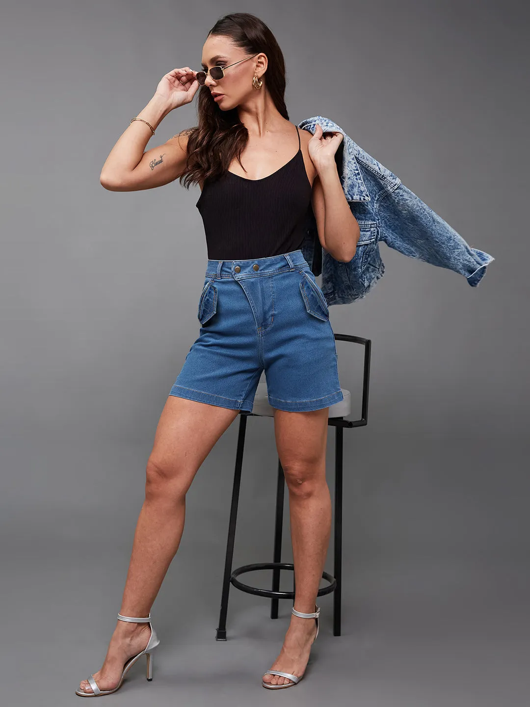 Women's Relaxed-Fit Mid-Rise Stretchable Blue Denim Bermuda Shorts