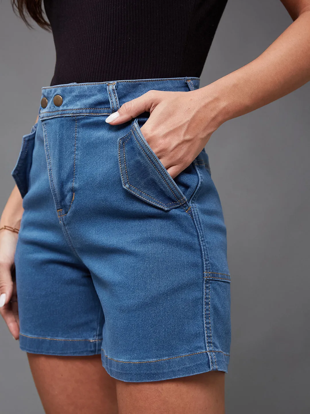Women's Relaxed-Fit Mid-Rise Stretchable Blue Denim Bermuda Shorts